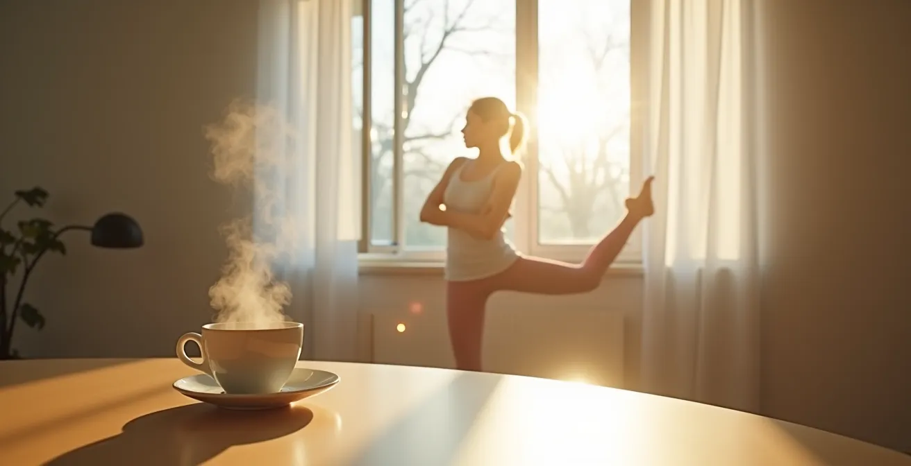Person bei morgendlichen Dehnübungen am offenen Fenster mit Teetasse