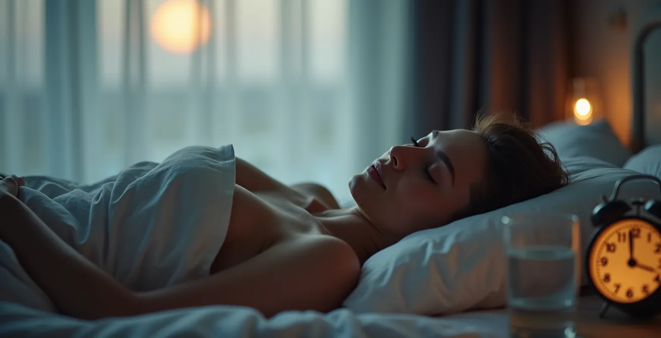 Ruhiges Schlafzimmer bei Nacht, das die regenerative Phase des Schlafs für die Leber symbolisiert.