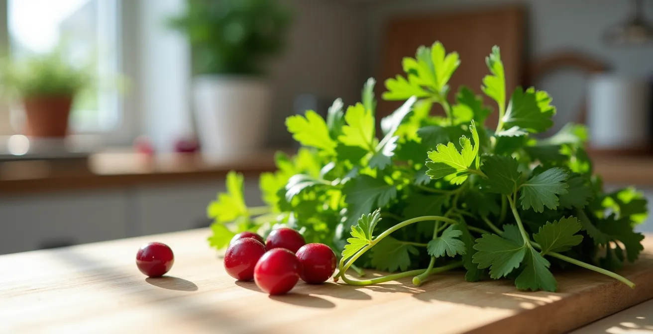 Frische Kräuter und Beeren auf hellem Holztisch arrangiert