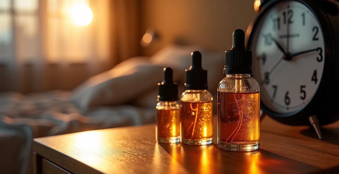 Nahaufnahme verschiedener E-Liquid-Flaschen in absteigender Nikotinstärke auf einem Nachttisch