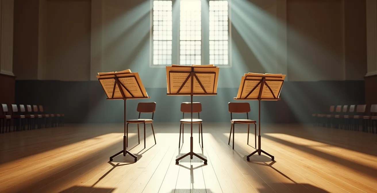 Synergie-Effekt verschiedener Hilfsmittel zur Raucherentwöhnung, visualisiert als ein leeres Orchester im Morgengrauen.