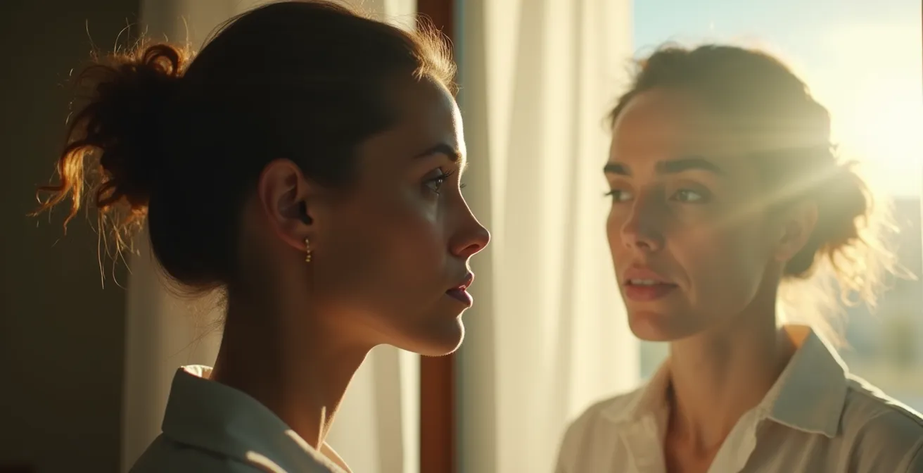 Ein mann oder eine frau in einem moment der reflexion, schaut in den spiegel und erkenne sich selbst als nichtraucher, mit symbolen der transformation um sich herum.