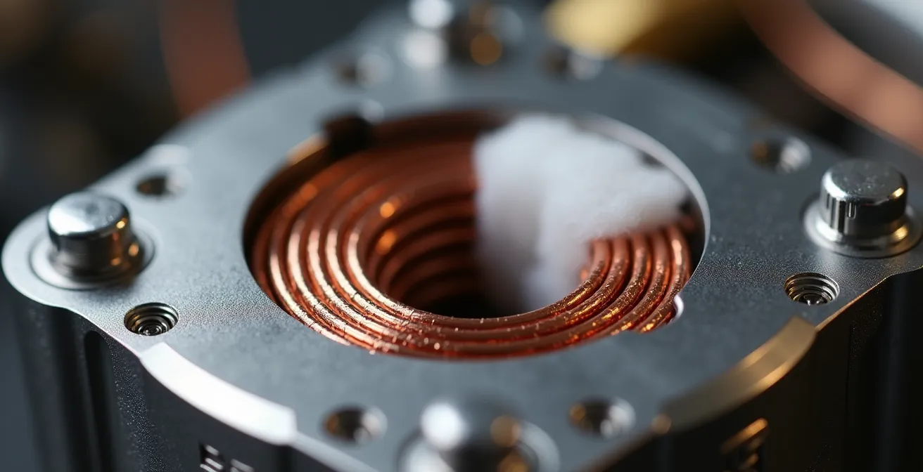 Detailaufnahme eines RDA-Tröpflers mit sichtbarer Wicklung und Watte