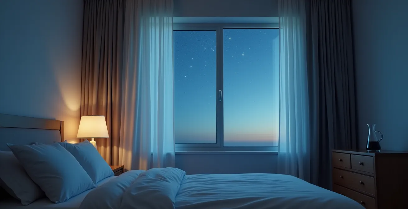 Ruhiges Schlafzimmer bei Nacht mit geöffnetem Fenster und frischer Luft