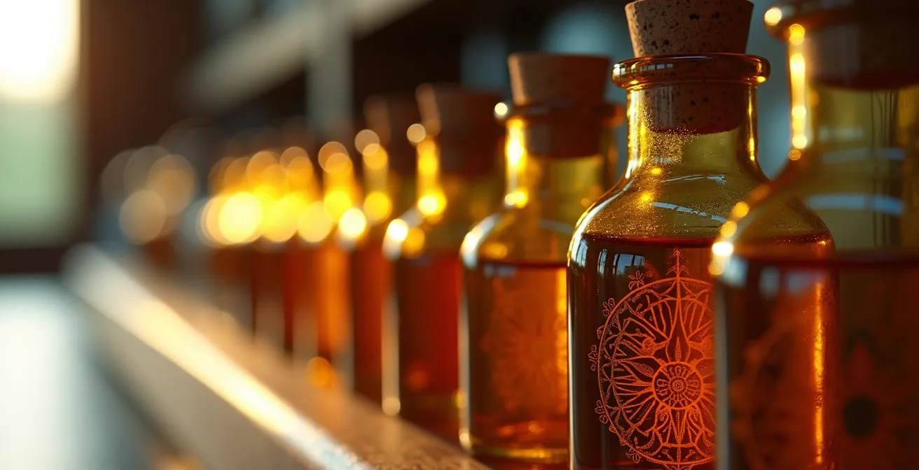 Makroaufnahme von standardisierten Pflanzenextrakten in pharmazeutischen Glasbehältern mit sichtbaren Qualitätssiegeln