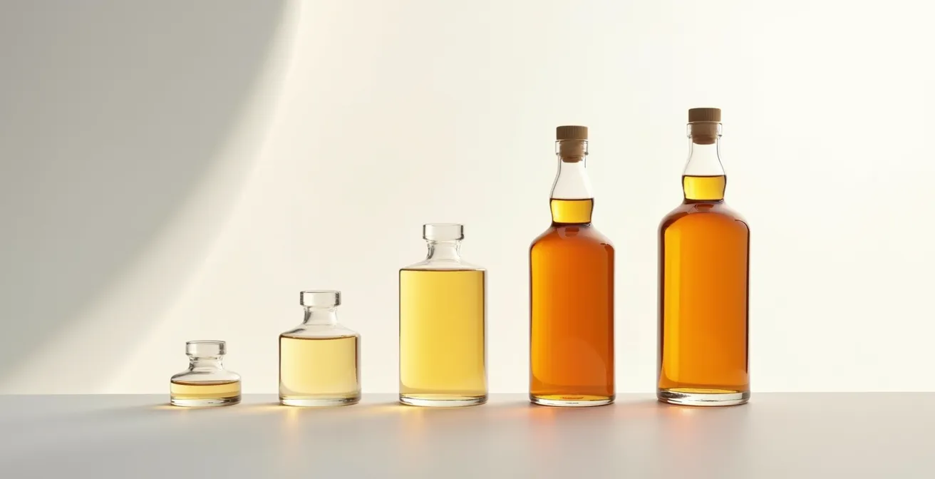 Zeitraffer-Darstellung von drei Liquid-Flaschen, die die schrittweise Verdunkelung der Farbe während des Reifeprozesses zeigen.