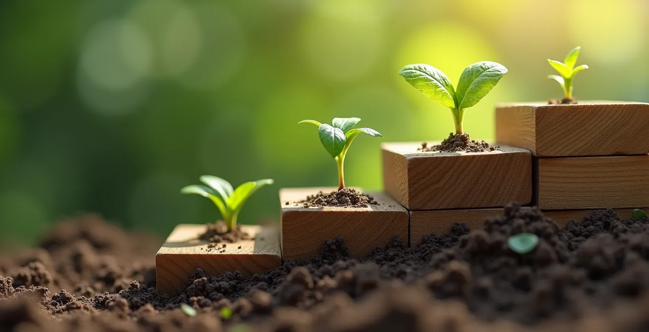 Makroaufnahme von aufsteigenden Holzstufen mit grünen Pflanzen