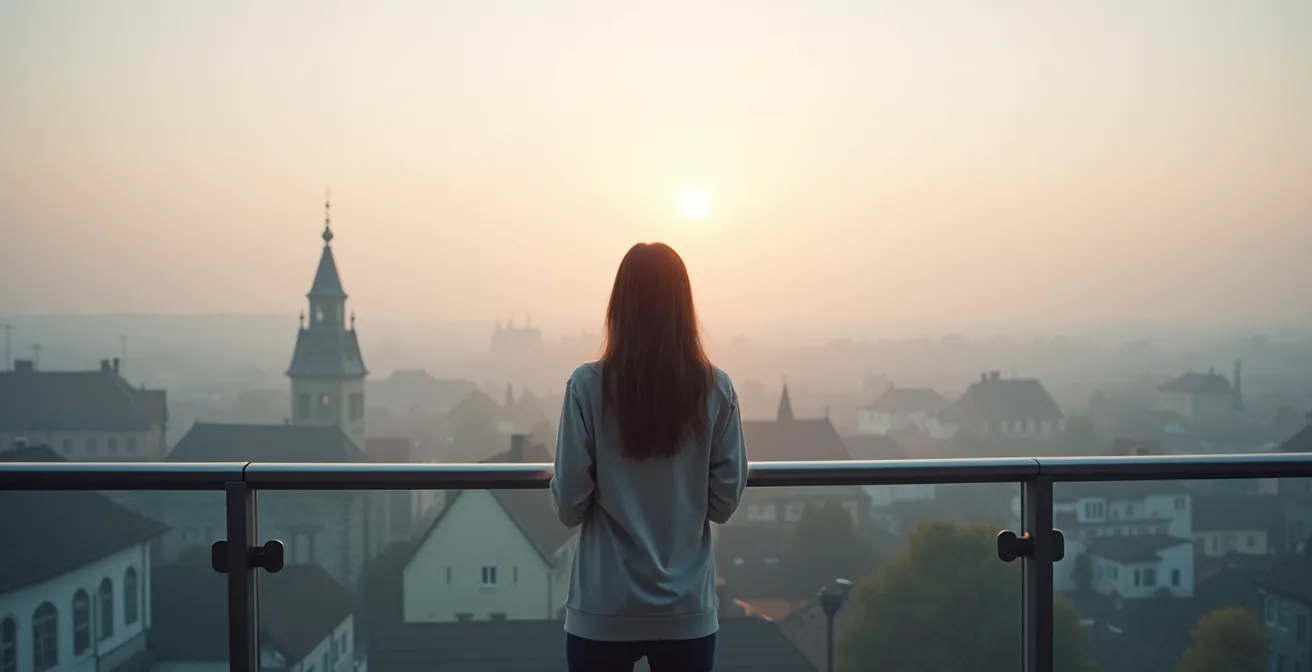 Eine Person visualisiert das Rauchverlangen als eine Welle, die friedlich an ihr vorbeizieht, während sie auf einem Balkon über einer deutschen Stadt steht.