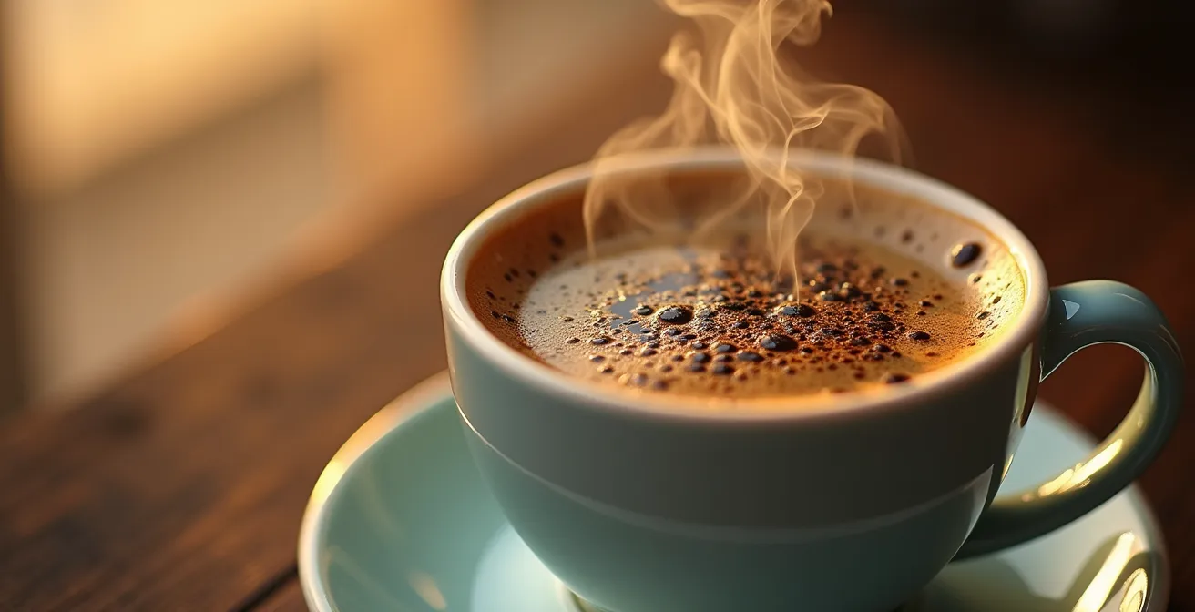 Abstrakte Nahaufnahme von Kaffeewirbeln, die die morgendliche Trigger-Situation symbolisieren, ohne eine Uhr zu zeigen.