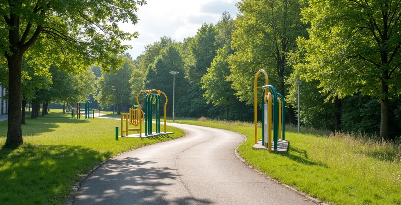 Aufbau eines deutschen Trimm-Dich-Pfades mit verschiedenen Trainingsgeräten aus Holz und Metall inmitten einer parkähnlichen Landschaft mit Bäumen