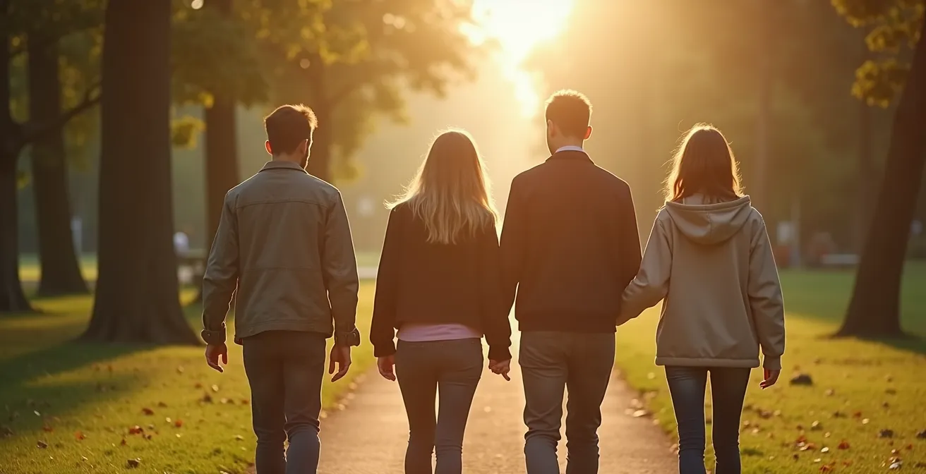 Freundesgruppe unterstützt sich gegenseitig beim gemeinsamen Spaziergang, positive Atmosphäre ohne Zigaretten