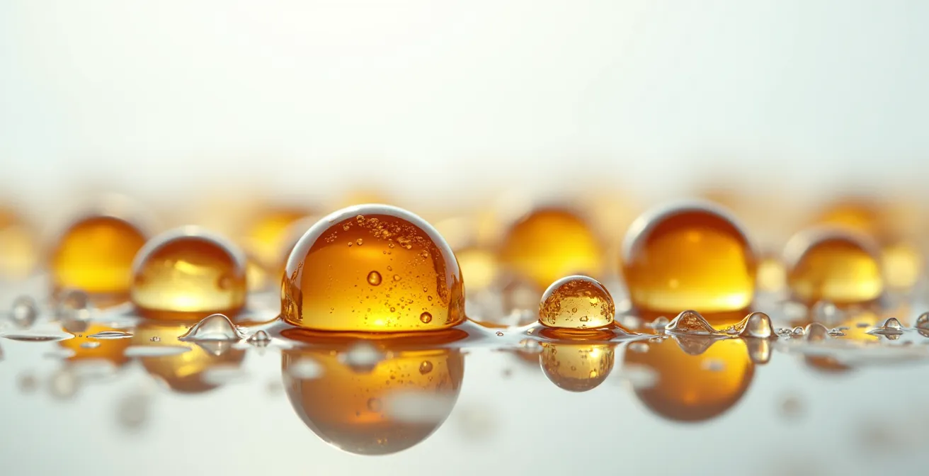 Makroaufnahme von Liquid-Tropfen mit verschiedenen Konsistenzen, die das VG/PG-Verhältnis symbolisieren