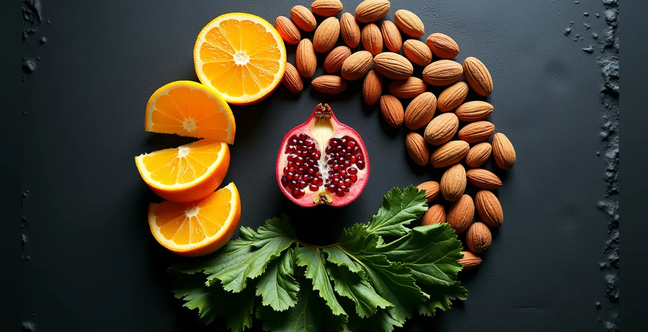 Symbolische Darstellung verschiedener Vitamine als Schutzschild für Zellen mit Orangen, Nüssen und grünem Gemüse