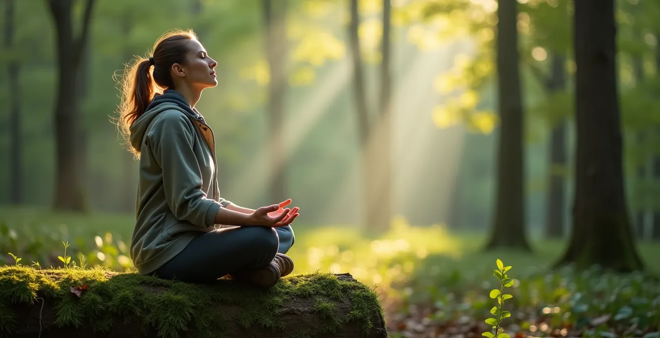 Eine Person praktiziert meditatives Waldbaden in einem deutschen Mischwald zur Stressreduktion.