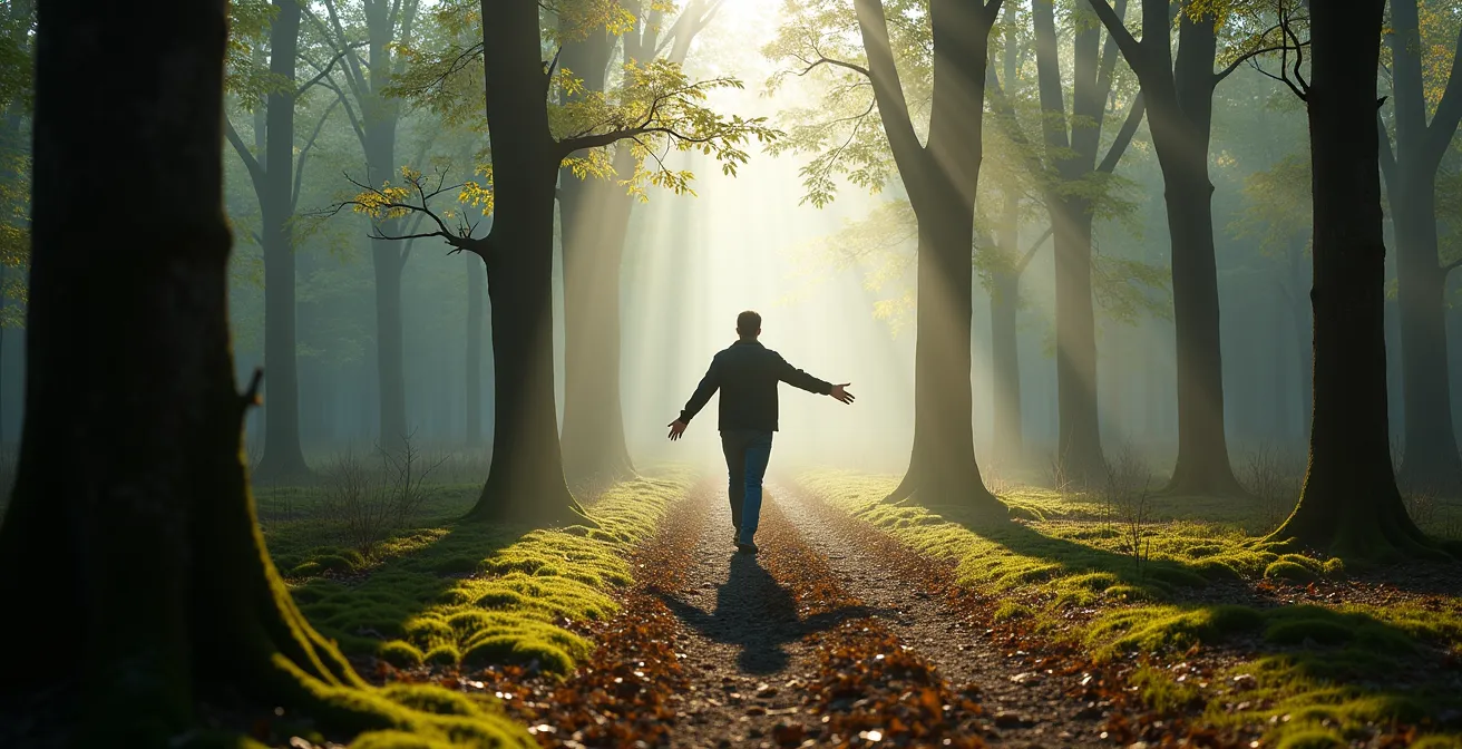 Person beim achtsamen Spaziergang im deutschen Wald mit sanften Bewegungen