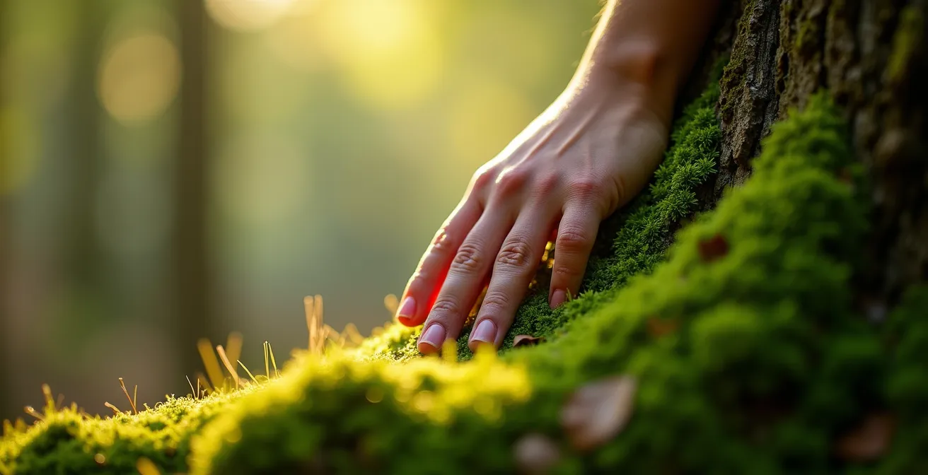 Person beim meditativen Waldbaden im deutschen Mischwald