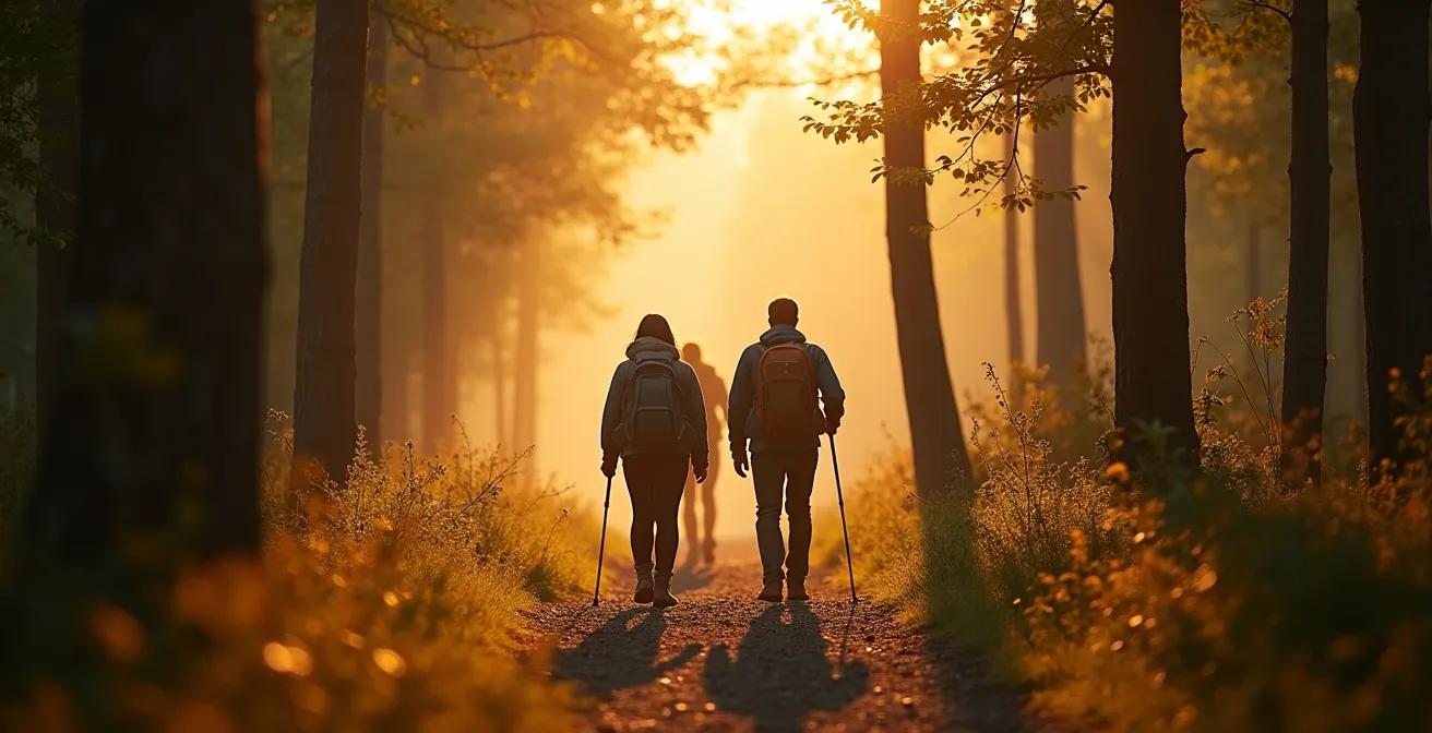 Deutsche Wandergruppe in naturalistischem Waldumfeld ohne Text