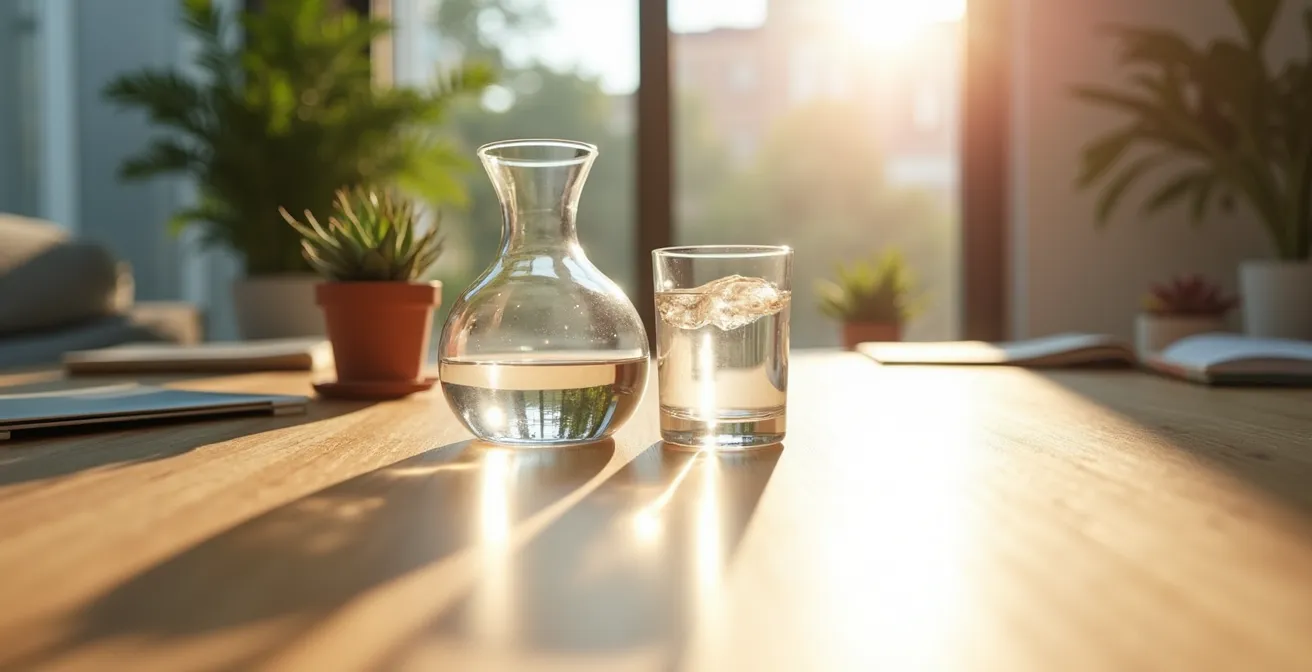 Minimalistischer Arbeitsplatz mit Wasserflasche und Glas in natürlichem Licht
