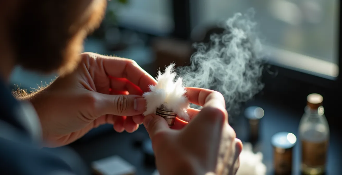 Nahaufnahme der Watteverlegung in einem RDA Verdampfer