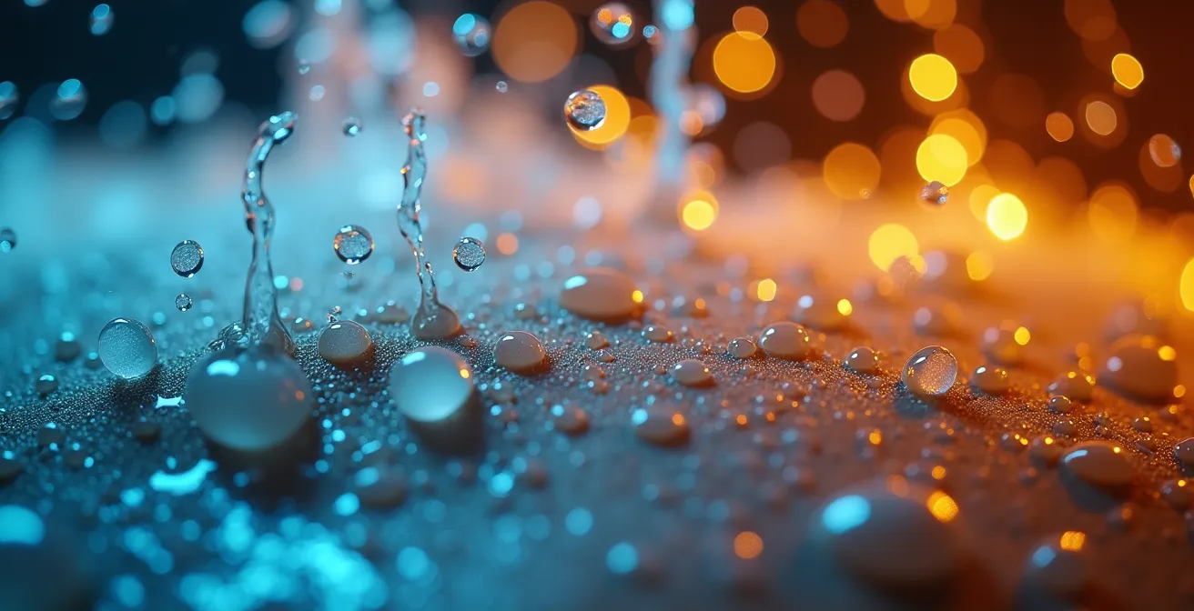 Nahaufnahme von Wassertropfen auf Haut mit sichtbarem Temperaturkontrast