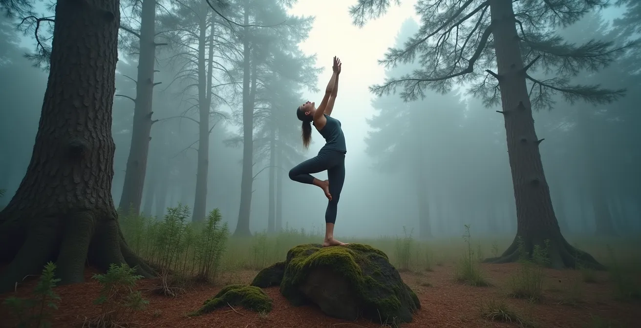 Yogapraktizierende in Baumhaltung im deutschen Wald bei Morgenlicht