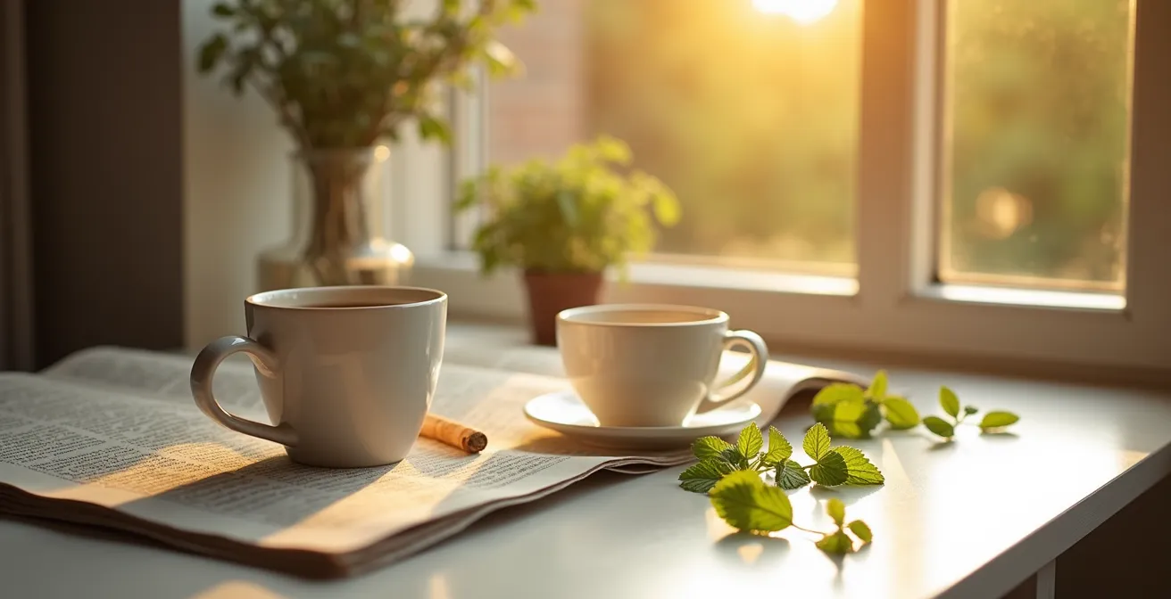 Symbolische Darstellung des Übergangs von Rauchrituale zu neuen positiven Gewohnheiten in minimalistischem deutschen Design