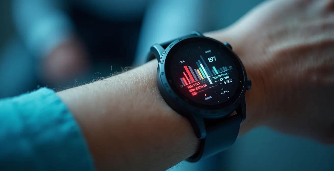 Digitale Gesundheitsüberwachung von Biomarkern an einer Smartwatch am Handgelenk.