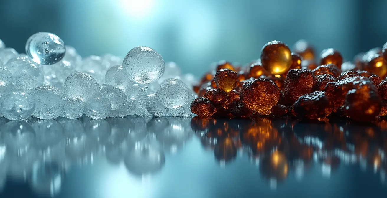 Mikroskopische Nahaufnahme von Dampftröpfchen und Rauchpartikeln im direkten Vergleich