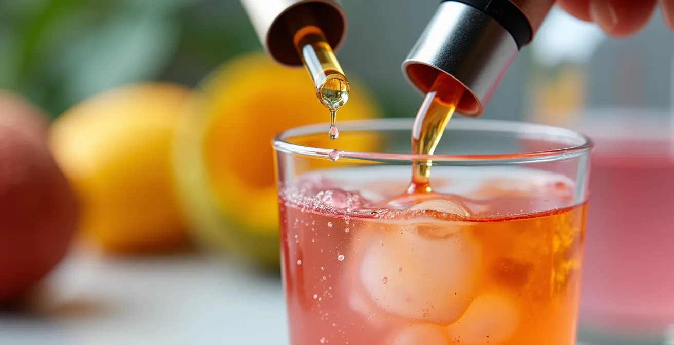 Makroaufnahme von Liquid-Mischprozess mit exotischen Früchten im Hintergrund