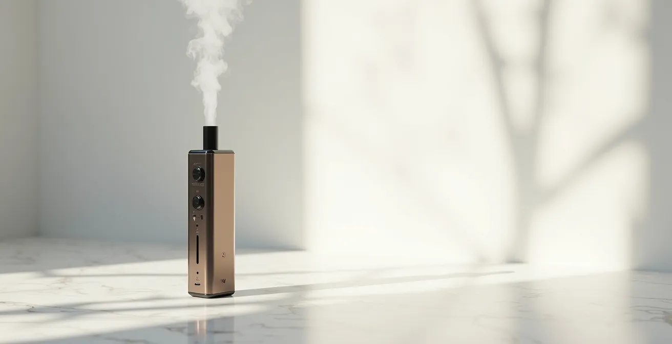 Seitenansicht einer E-Zigarette mit sichtbaren Einstellungsreglern und Dampfstrom