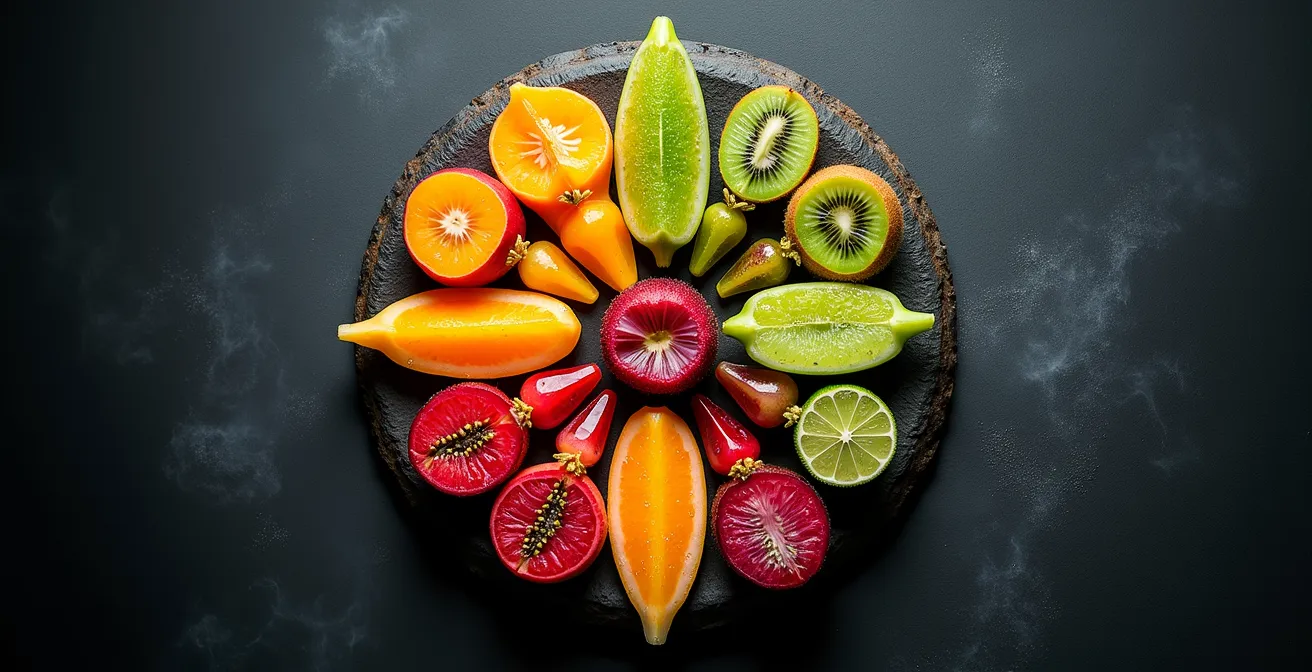 Aromen-Kompass zeigt verschiedene exotische Früchte nach Süße und Intensität sortiert