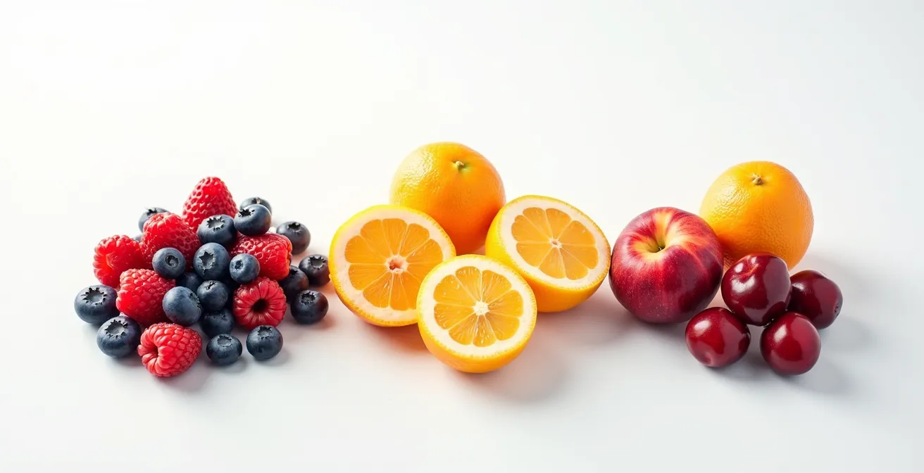 Minimalistische Komposition von Beeren, Zitrusfrüchten und Steinobst, die die drei Hauptkategorien von Fruchtaromen repräsentieren.