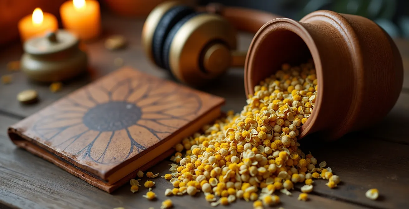 Makroaufnahme von Teebeuteln, einem Buch und Kopfhörern, arrangiert auf einem Holztisch, als Symbol für ein Abendritual.