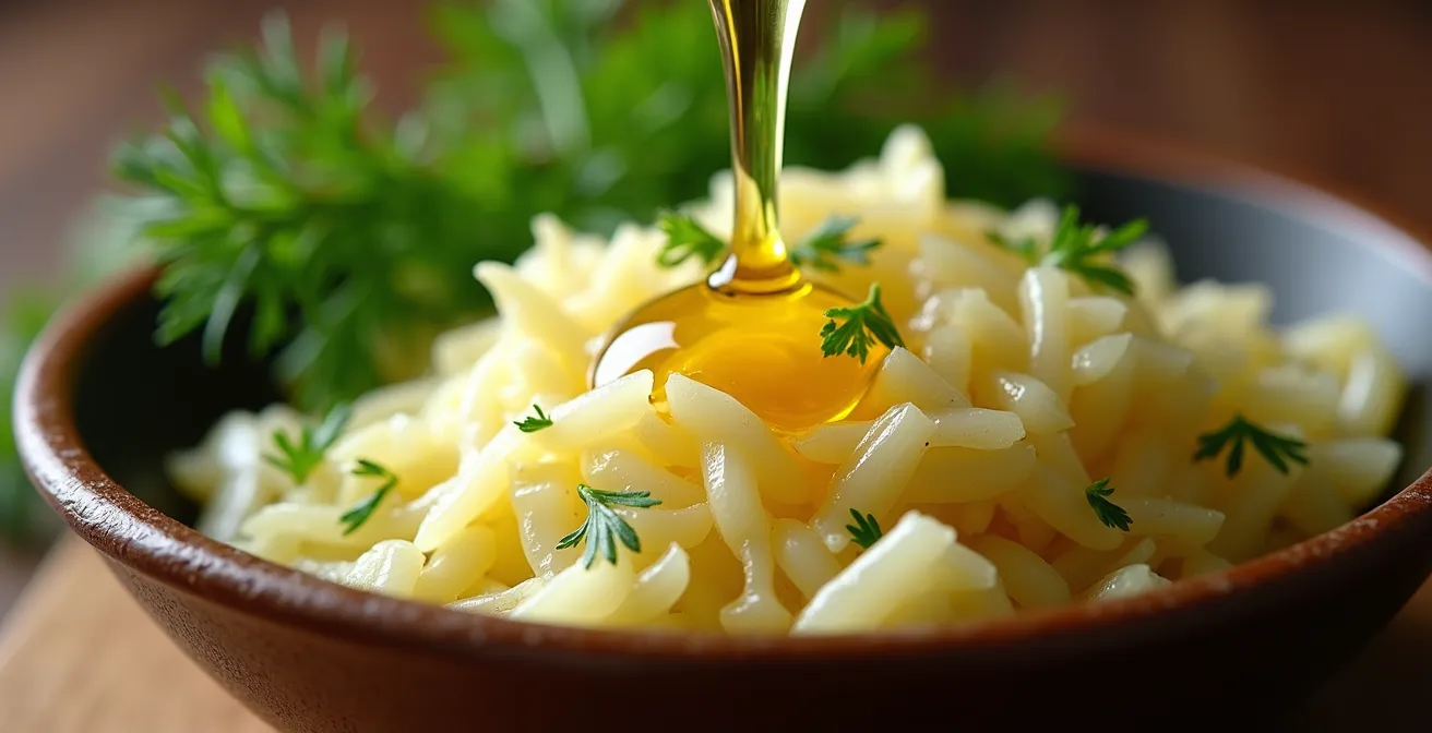 Makroaufnahme von Sauerkraut mit Leinsamenöl, symbolisiert entzündungshemmende Ernährung