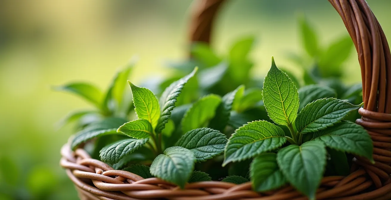 Frisch gesammelte Heilkräuter wie Löwenzahn und Brennnessel in einem geflochtenen Korb