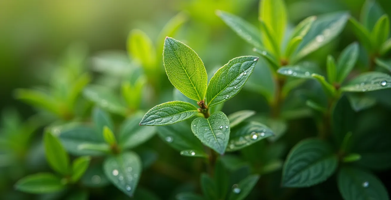 Makroaufnahme von Efeu- und Thymianblättern