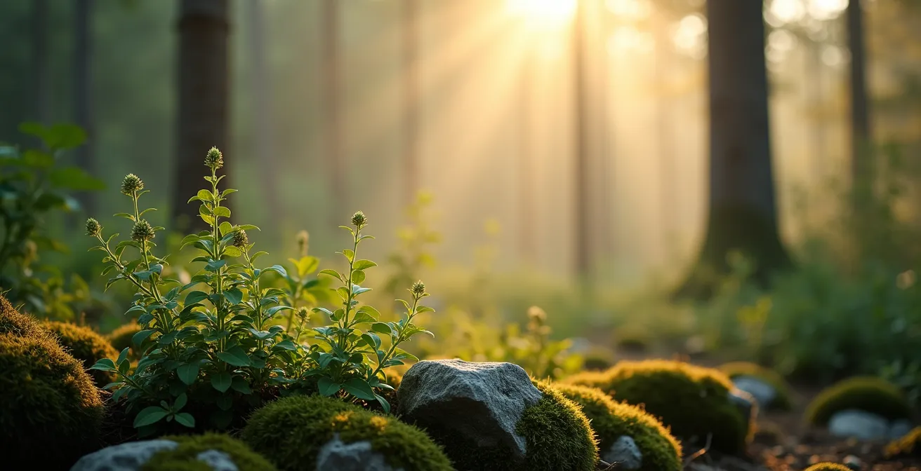 Weitwinkelaufnahme einer sich regenerierenden Lungenlandschaft mit Heilpflanzen