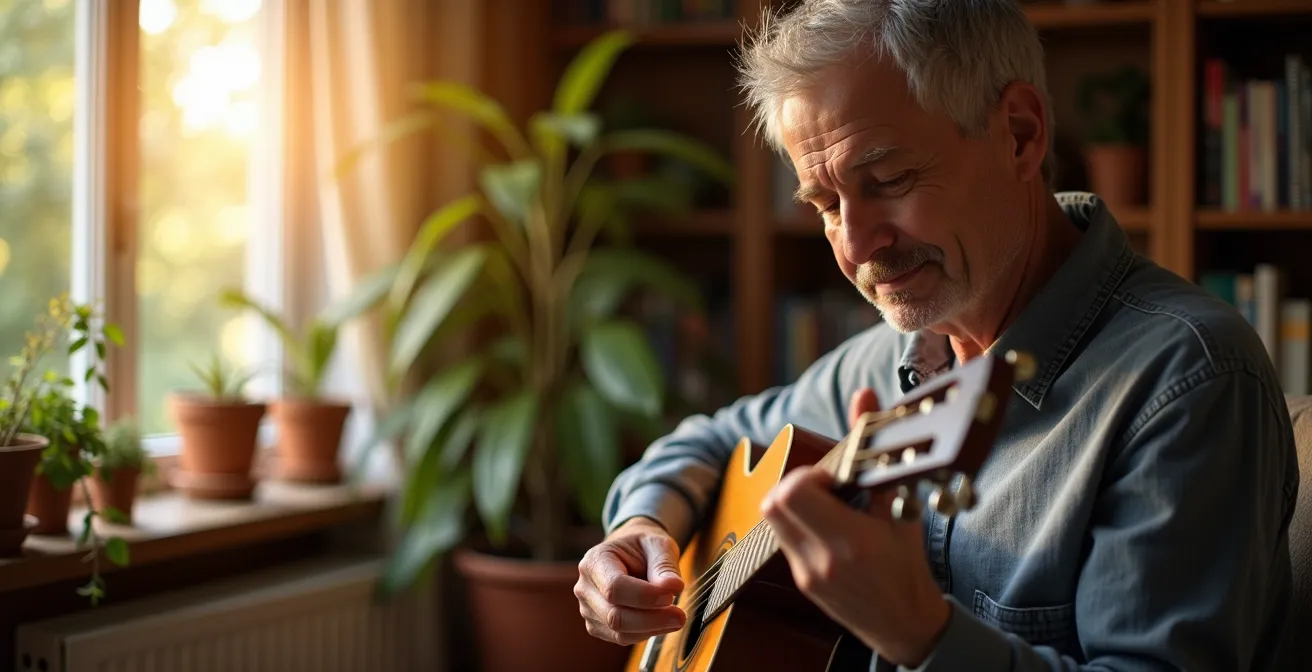 Person beim Musizieren in ruhiger häuslicher Umgebung, zeigt neue Wege der Belohnungsaktivierung