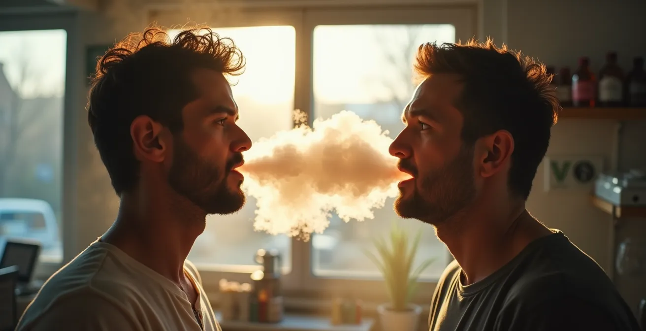 Split-Screen Vergleich zweier Dampfstile mit unterschiedlichen Dampfwolken