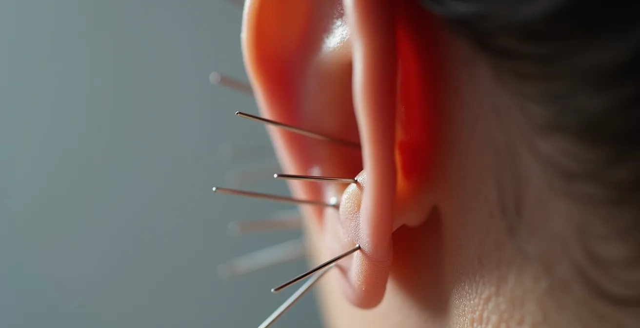 Detaillierte Darstellung der Ohrakupunktur-Punkte nach NADA-Protokoll am menschlichen Ohr.