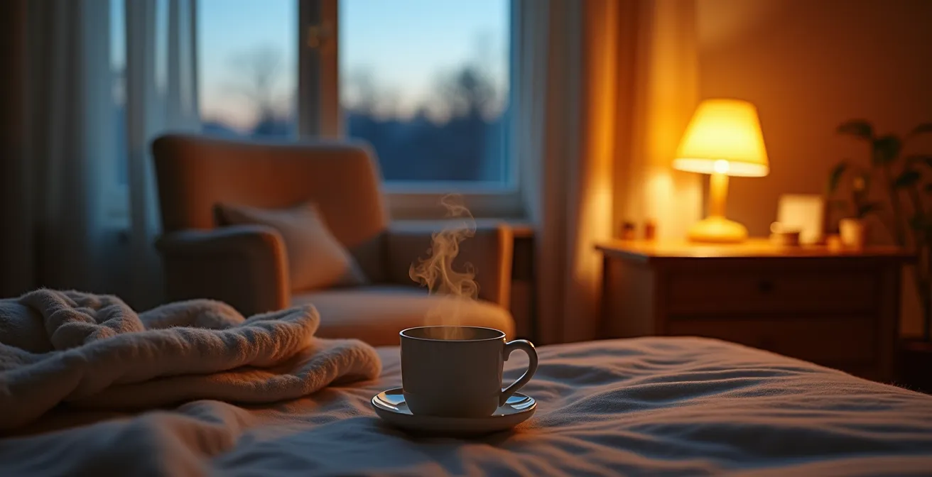 Abendliche Entspannungsroutine mit Teetasse und gedämpftem Licht