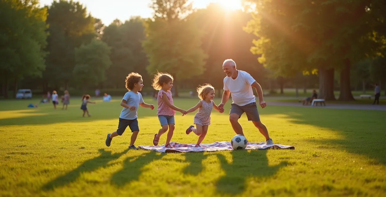 Weitwinkelaufnahme eines Familienpicknicks im Park, symbolisiert neue Lebensqualität