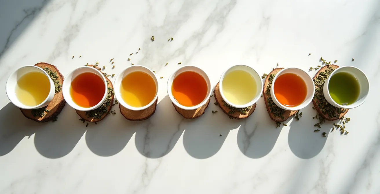 Sieben verschiedene Kräutertees in Tassen nebeneinander aufgereiht mit Wochentagsmarkierung