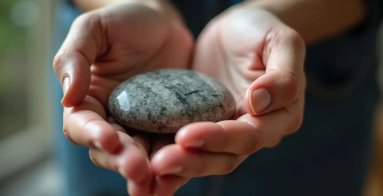 Hände halten einen glatten Stein als Ablenkungstechnik