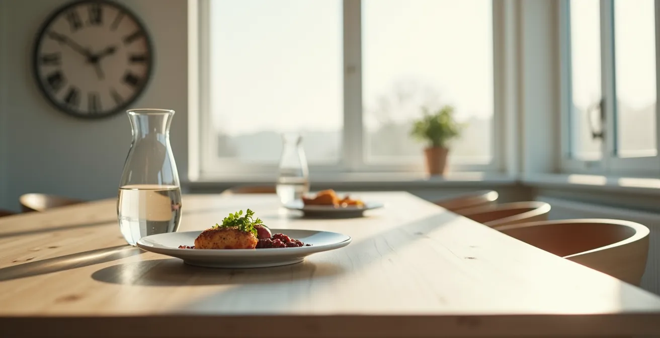 Uhr zeigt optimale Trinkzeiten vor und nach Mahlzeiten