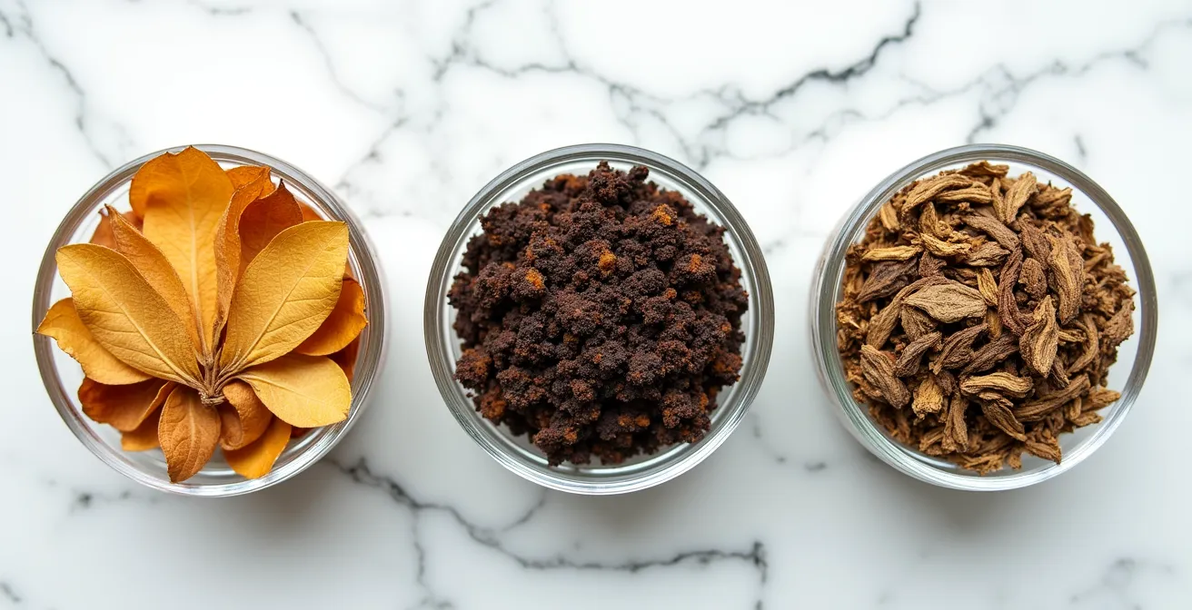 Drei verschiedene Tabaksorten in Glasschalen nebeneinander