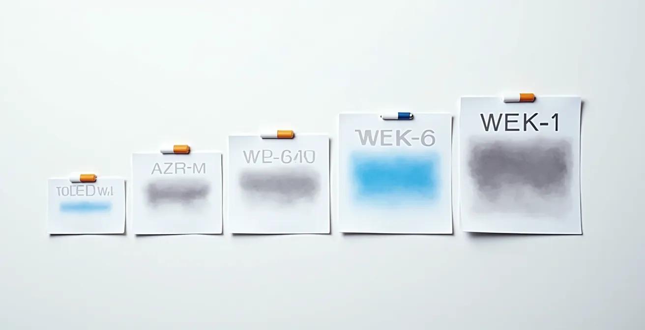 Visualisierung des 4-Wochen-Umstiegsplans mit Fortschrittsanzeige von dunkelgrau zu hellblau.